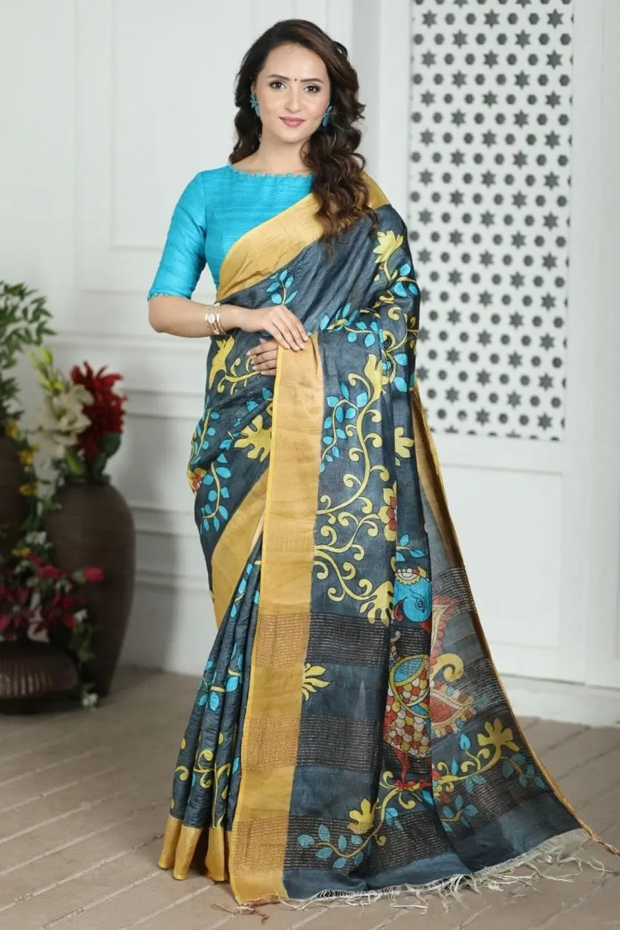 Dream Flare Kalamkari Tussar Silk Saree Timeless Elegance Meets Artistic Tradition Saree